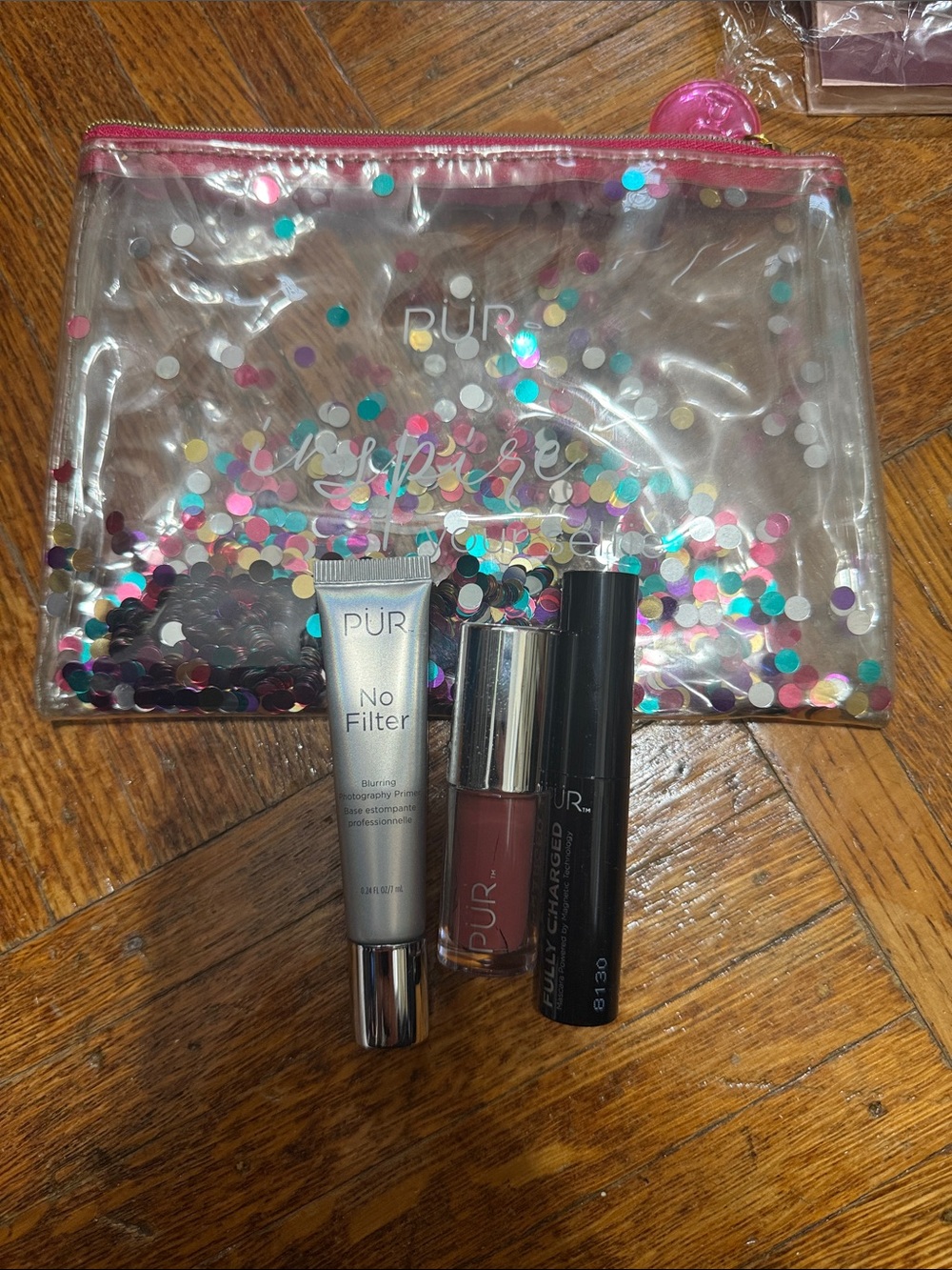 Pur Cosmetic Trio with Confetti Clear Pouch and Pink Trim